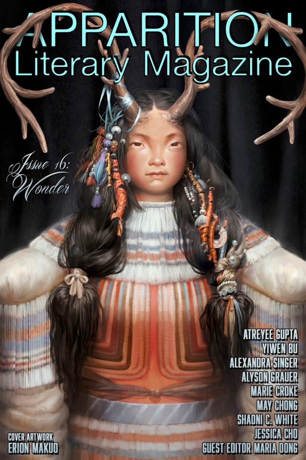 Cover of Apparition Issue 16, which features an illustration of a human with antlers growing from their head.
